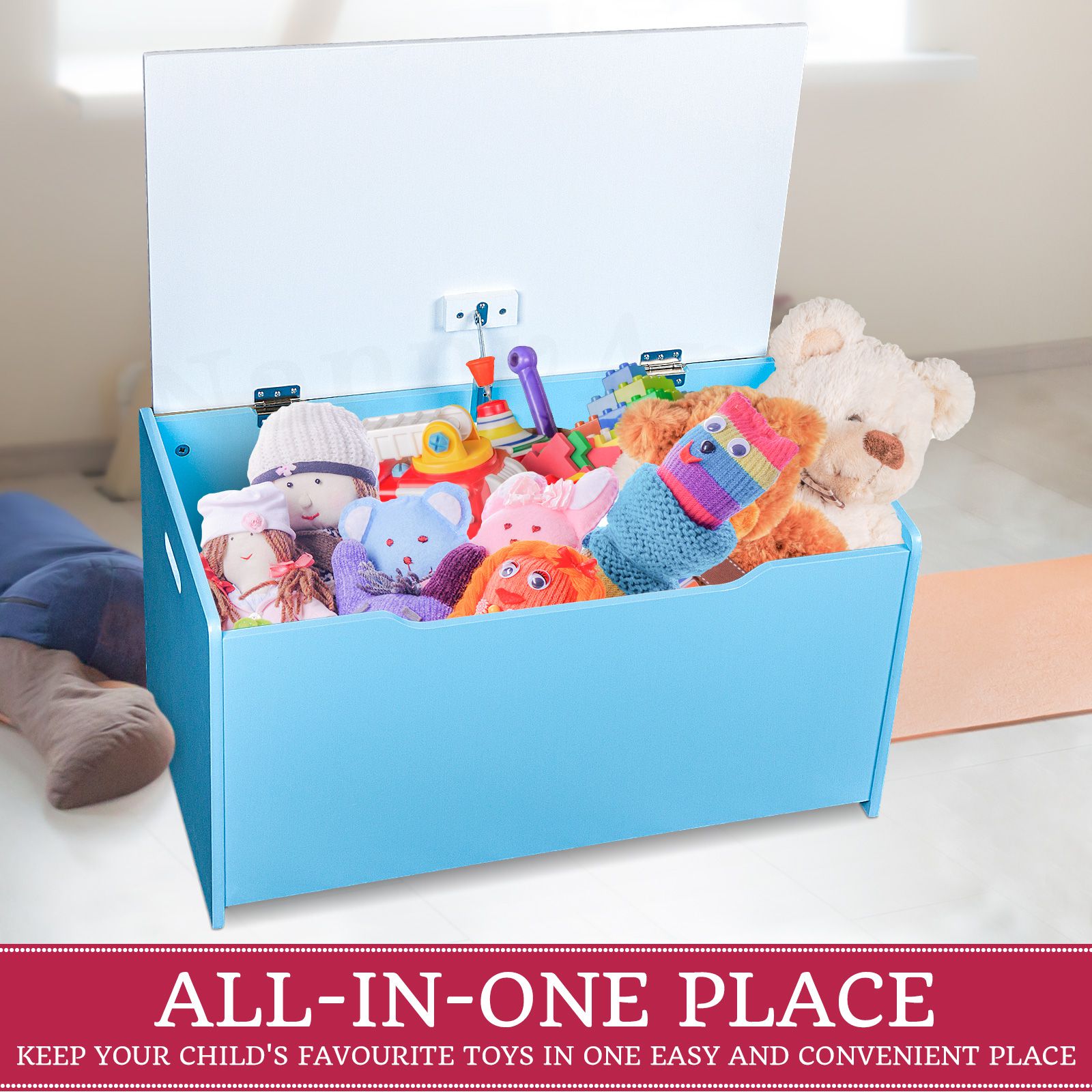 Children's Toy Box Light Blue Kids Wooden Plain Wooden Toybox in