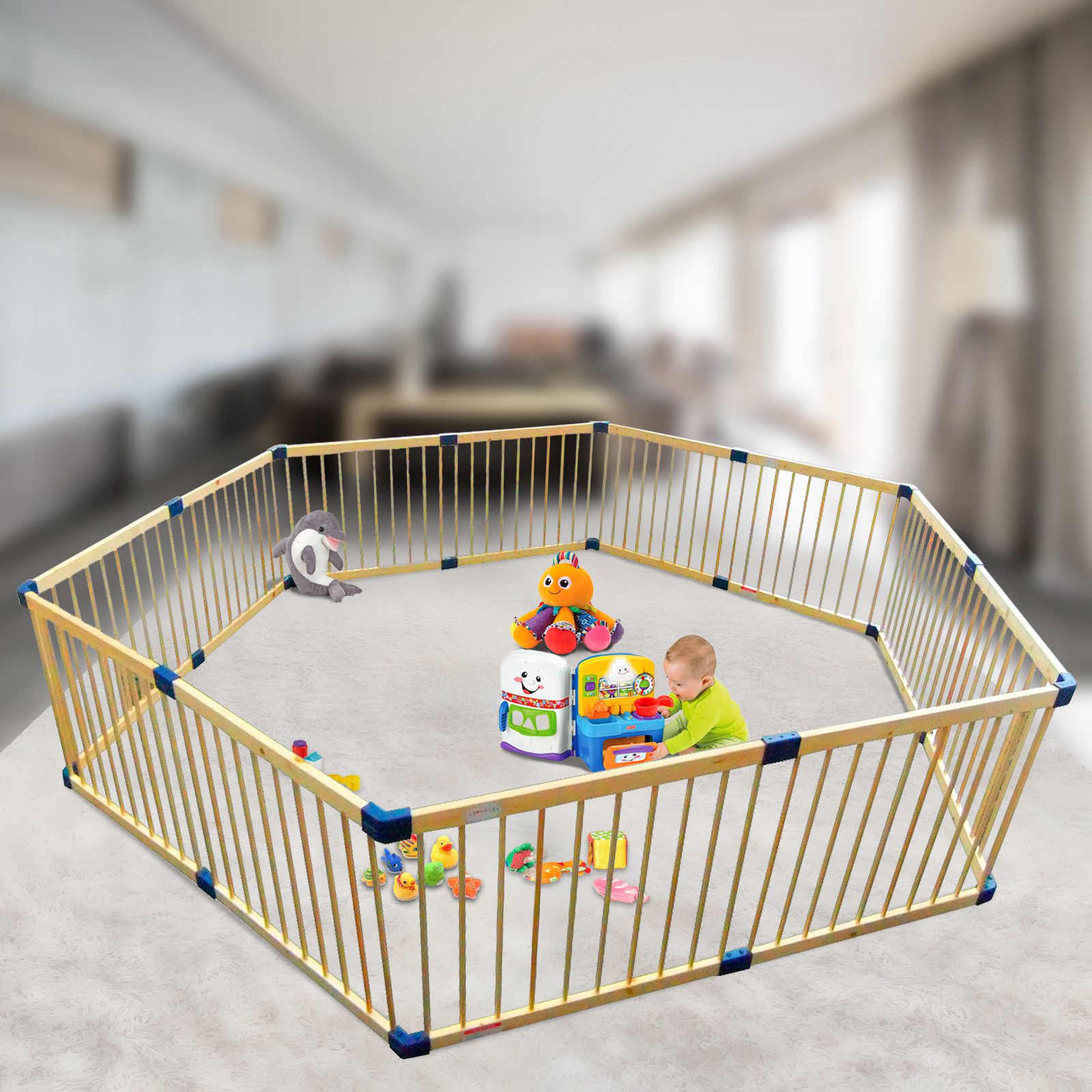 Giant 2in1 Baby Kids Toddler Wooden Playpen Safety Gate Hexagonal Natural Wood eBay