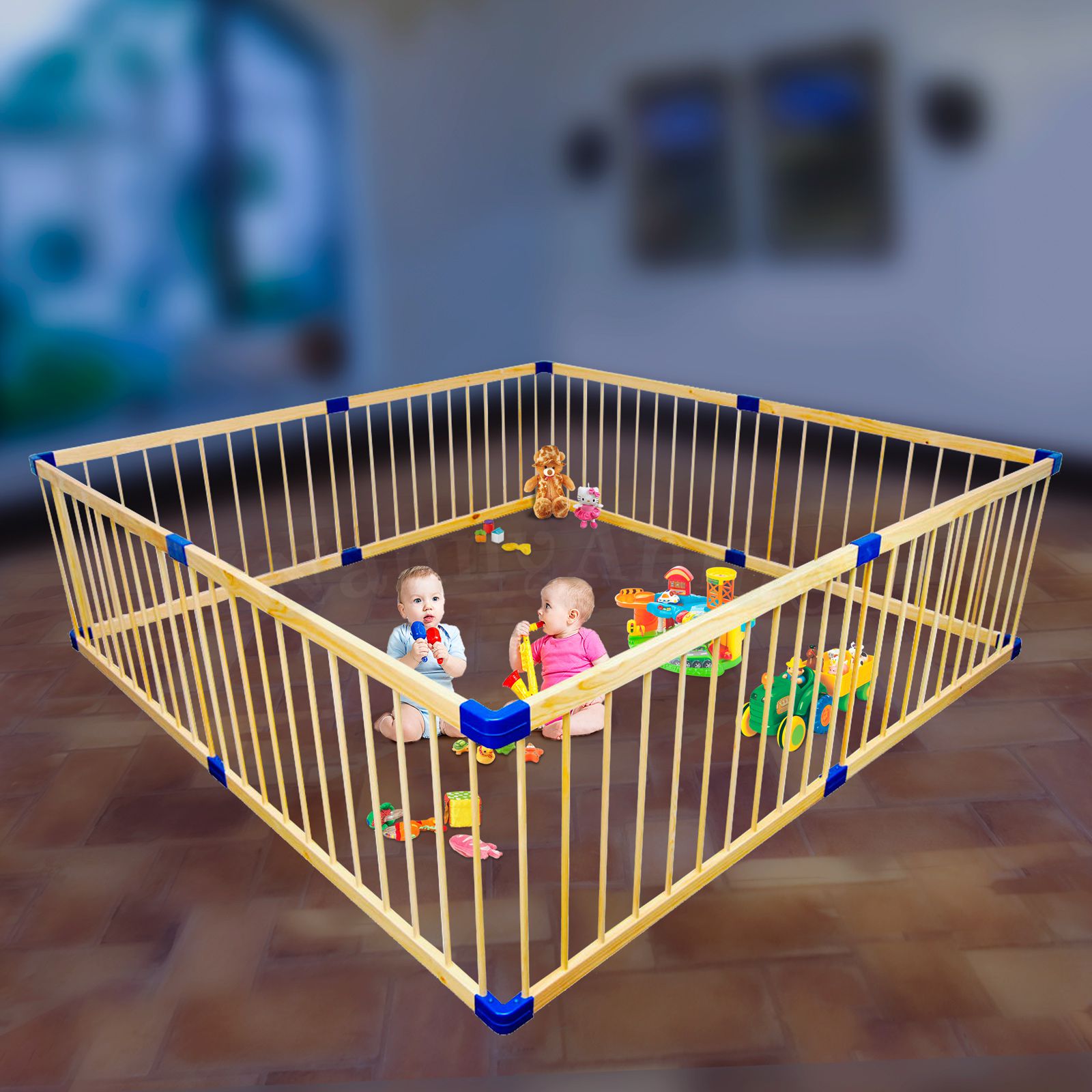 Baby Kids Toddler Big Wooden Playpen Safety Gate Divider 4 Panel Square