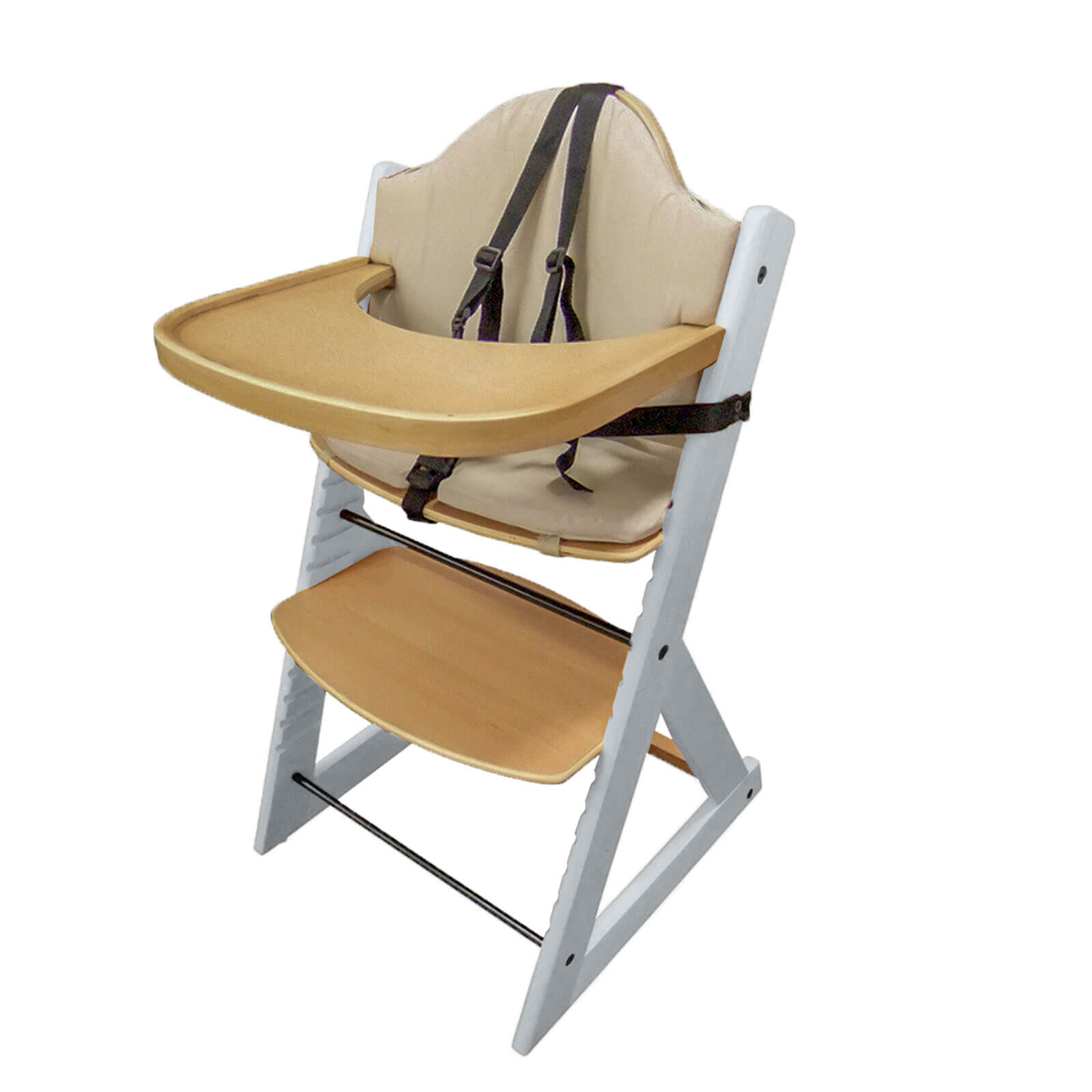 Wooden Baby High Chair  | 3in1 Highchair with Tray and Bar (White & Natural)