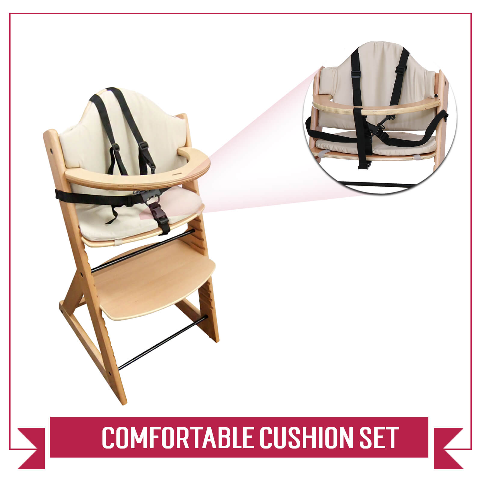 Wooden Baby High Chair 3in1 with Tray and Bar (Teak) - Baby Highchair