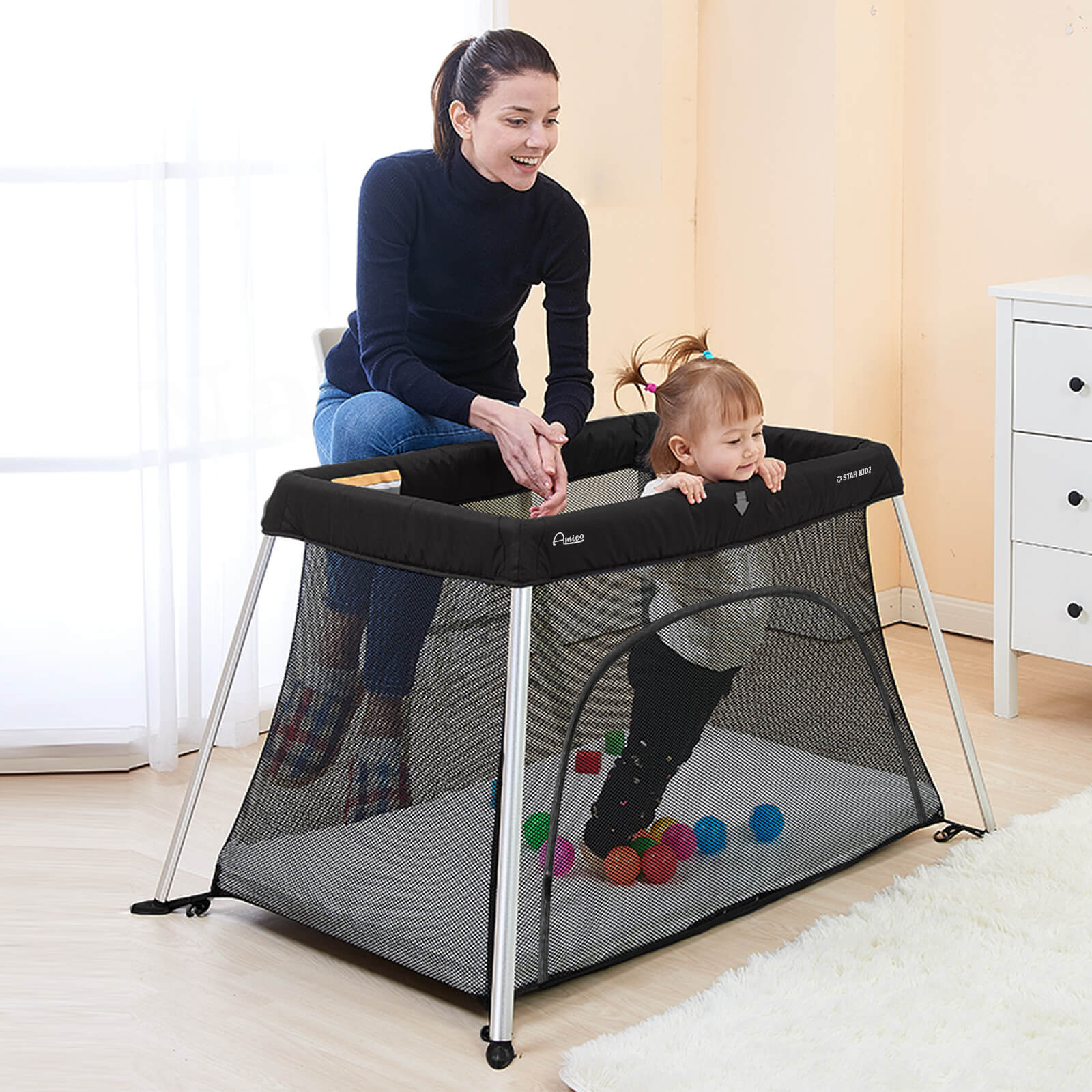 Amico Plus Light Travel Cot Portacot - Black - Star Kidz