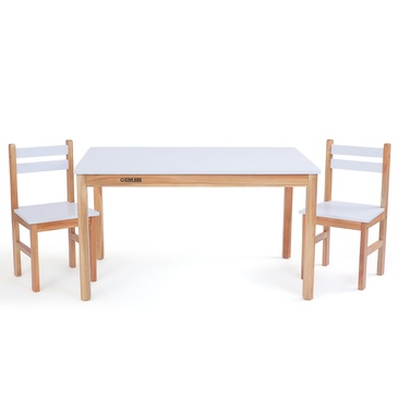 white wooden childrens table and chairs