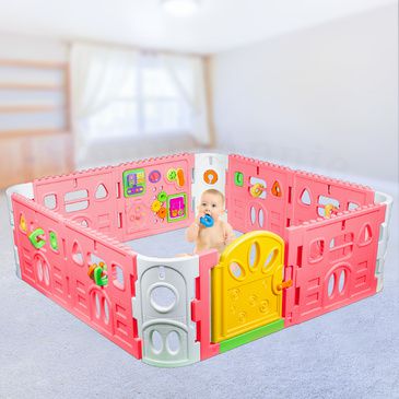 Baby Playpen with Gate and Activities 1.6m Square - Pink